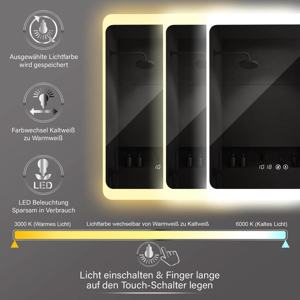 DUISBURG mit Spiegelheizung, Lichtwechsel Warmweiß / Kaltweiß und Digital Uhr 60x80 cm