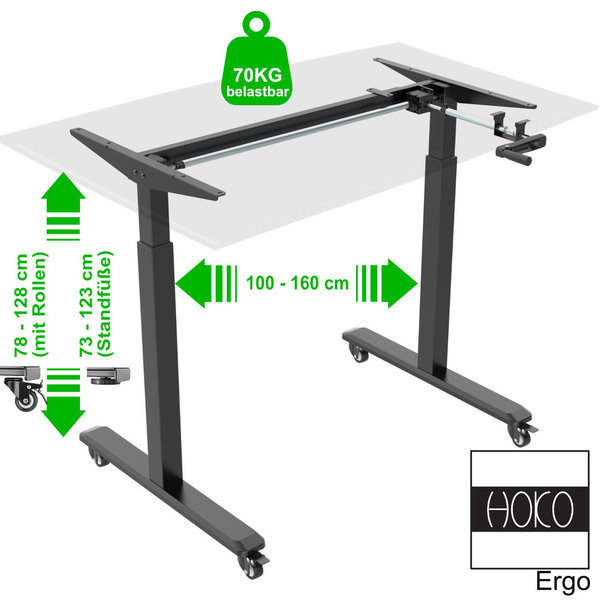 ERGO-WORK-TABLE höhenverstellbarer Schreibtisch inkl. Rollen BASIC Schwarz, manuelle Bedienung