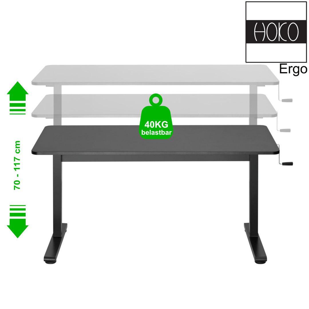 HOKO® Ergo-Work-Table Höhenverstellbarer Schreibtisch Comfort Schwarz Erinnerungsfunktion. Memory Speicher Steuerung elektrisch höhenverstellbar Arbeiten im Sitzen und im Stehen