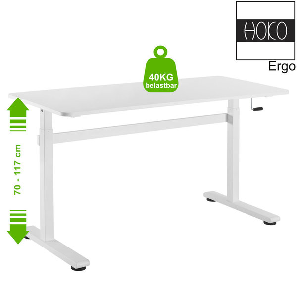 ERGO-WORK-TABLE höhenverstellbarer Schreibtisch mit Tischplatte KOMPAKT Weiß manuelle Bedienung