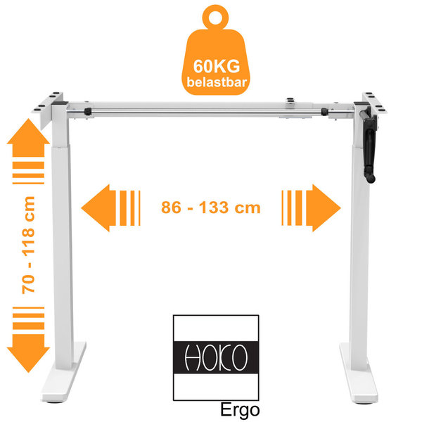 HOKO® ERGO BASIC Weiß. Manuell höhenverstellbares Schreibtisch Gestell für Bürotisch mit Kurbel.