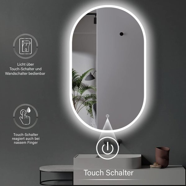 LED Design Spiegel oval 45 x 75 cm. HOCH + QUER Montage möglich HK-049