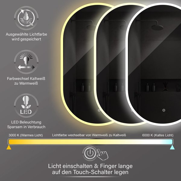 LED ANTIBESCHLAG Badezimmer Spiegel oval 45 x 75 cm. HOCH + QUER Montage möglich HK-049A