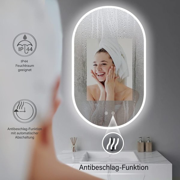 Design ANTIBESCHLAG Badezimmer Spiegel oval 50 x 90 cm. HOCH + QUER Montage möglich HK-049PA
