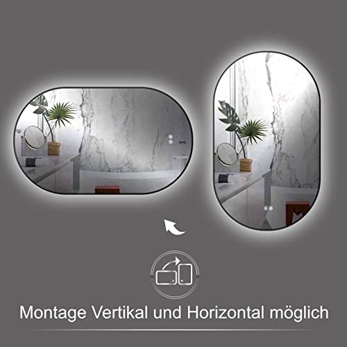 LED ANTIBESCHLAG Spiegel oval 45 x 75 cm + Metall Rahmen Schwarz. HOCH + QUER Montage HK-029A